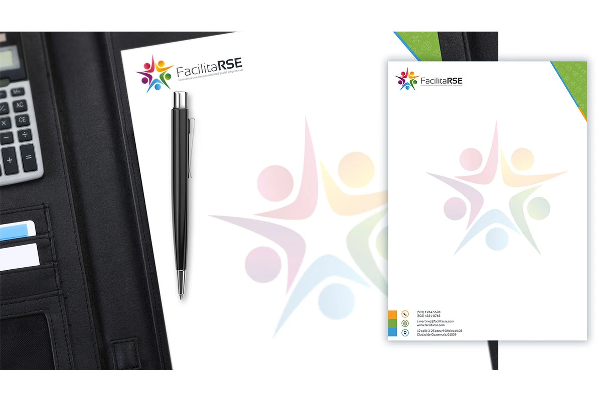 Proyecto de identidad visual de FacilitaRSE: papelería y aplicaciones de marca